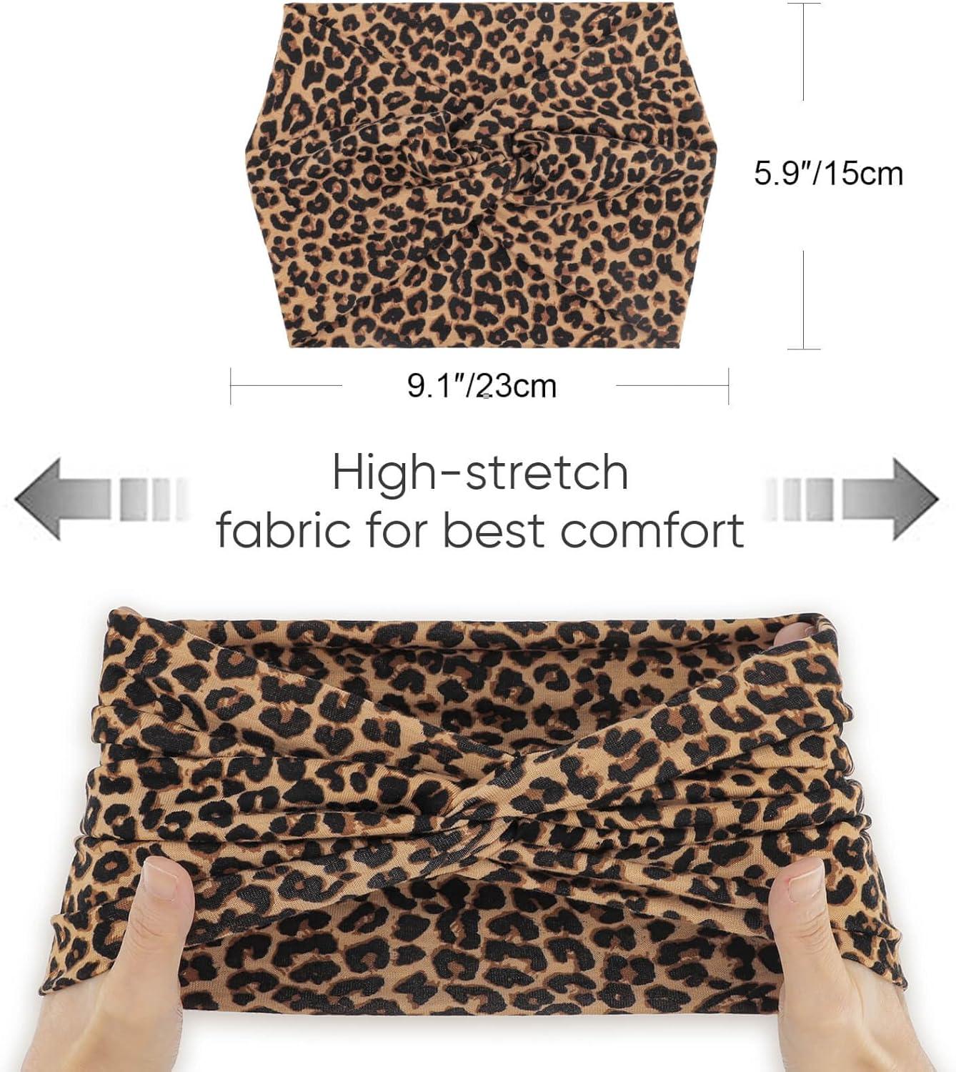 imageDRESHOW 4 Pices Bandeau Cheveux Femme Boho Bandeaux Vintage Fleur Imprim Hair Bandeau Cross Nou lastique Bande de Cheveux Accessoire4 Pcs Tan Leopard Gray Leopard Black Brown