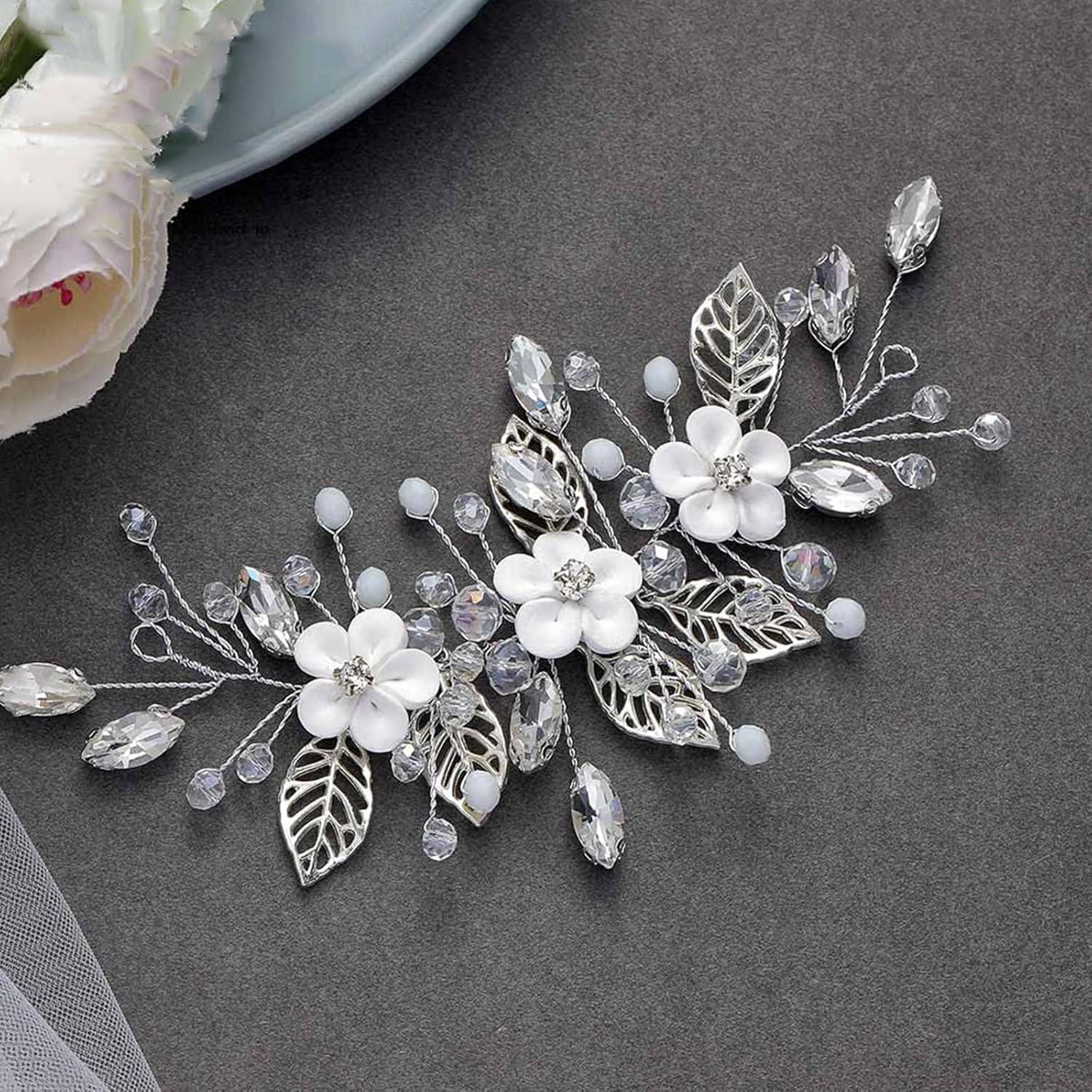 imagePeigne cheveux de mariage avec fleurs argentes cristal argent bijou de tte de ravisse strass Braut bandeau pour femmes et filles