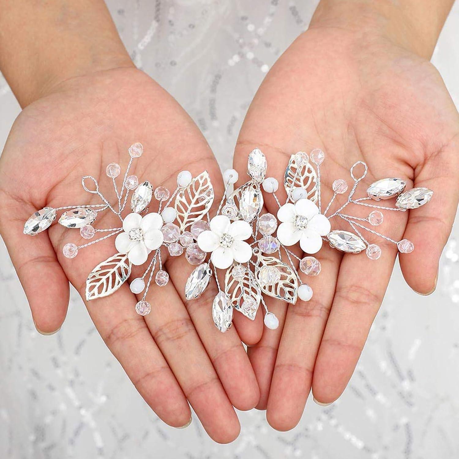 imagePeigne cheveux de mariage avec fleurs argentes cristal argent bijou de tte de ravisse strass Braut bandeau pour femmes et filles