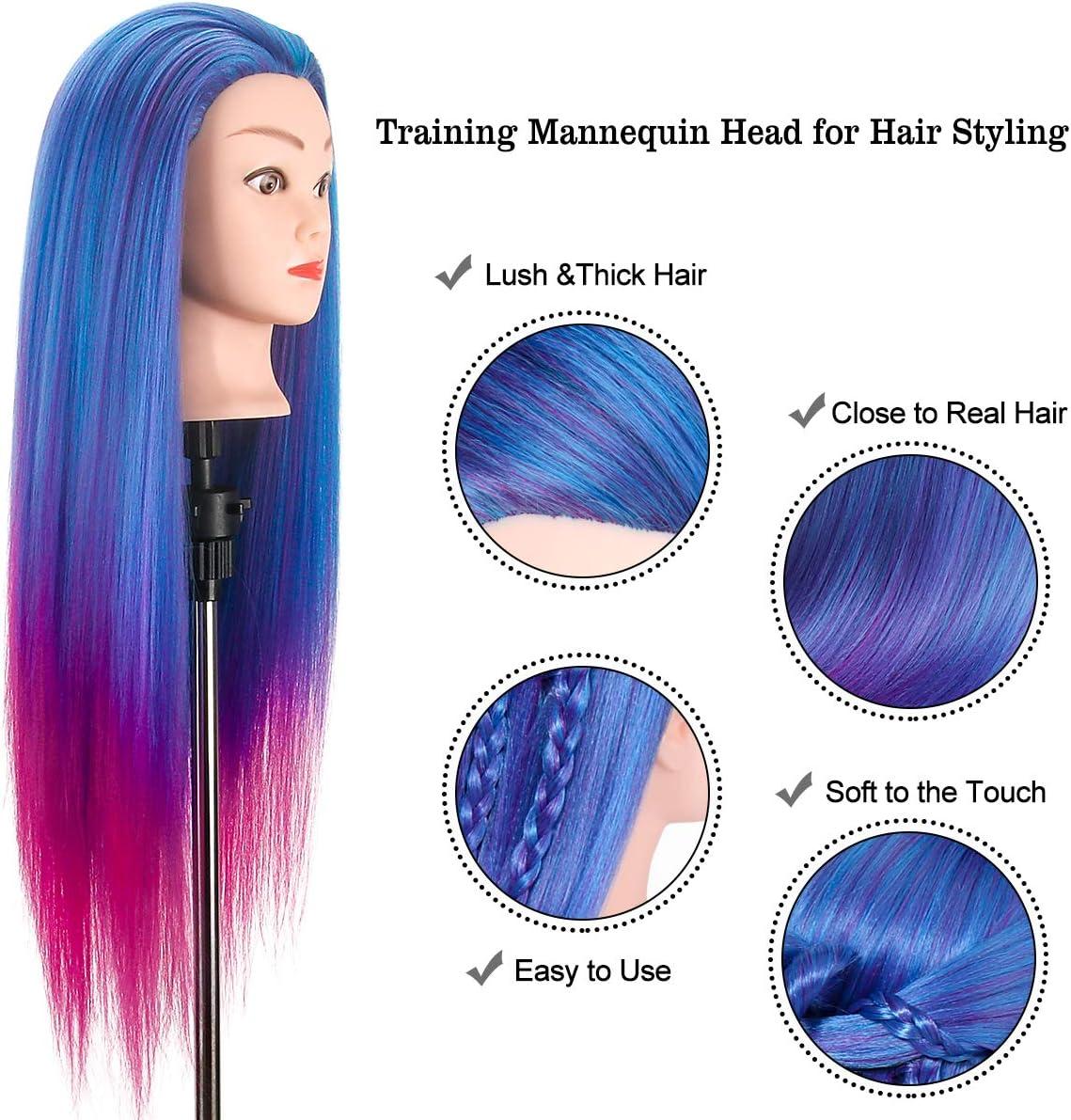 imageTwoWin Tte dentranement la Coiffure 61 cm 80 Cheveux Naturels Tte de Mannequin Cosmtologie avec Support de Serrage et Accessoires Blond Convient pour Lisser Boucler PermanenteBleu Violet