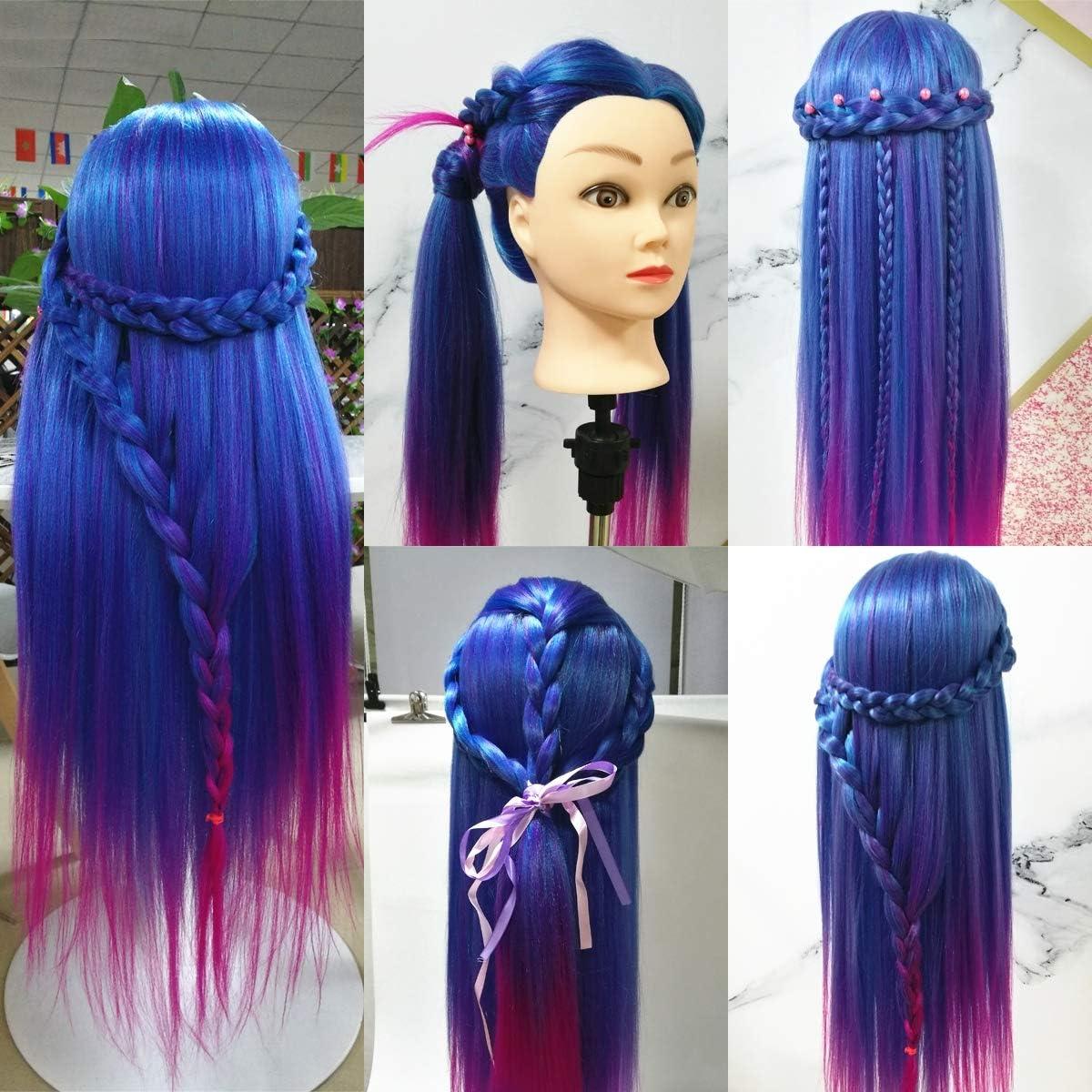 imageTwoWin Tte dentranement la Coiffure 61 cm 80 Cheveux Naturels Tte de Mannequin Cosmtologie avec Support de Serrage et Accessoires Blond Convient pour Lisser Boucler PermanenteBleu Violet