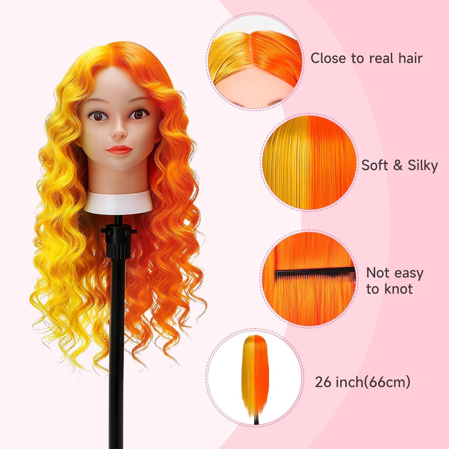 imageTwoWin Tte dentranement la Coiffure 61 cm 80 Cheveux Naturels Tte de Mannequin Cosmtologie avec Support de Serrage et Accessoires Blond Convient pour Lisser Boucler PermanenteJaune orange
