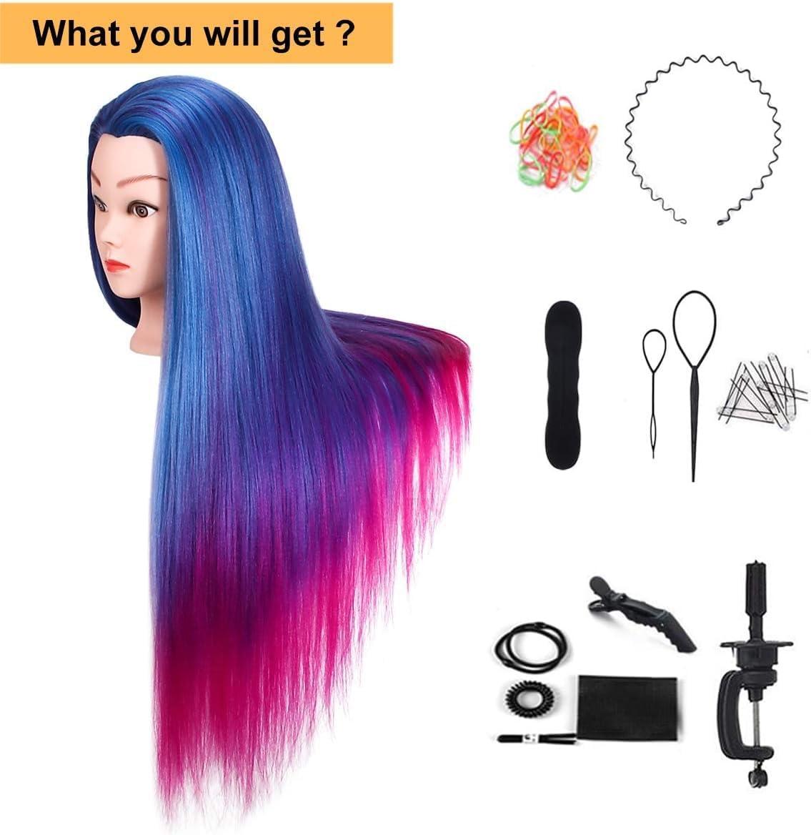 imageTwoWin Tte dentranement la Coiffure 61 cm 80 Cheveux Naturels Tte de Mannequin Cosmtologie avec Support de Serrage et Accessoires Blond Convient pour Lisser Boucler PermanenteBleu Violet