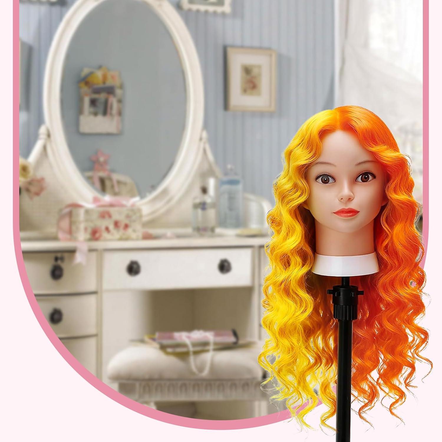 imageTwoWin Tte dentranement la Coiffure 61 cm 80 Cheveux Naturels Tte de Mannequin Cosmtologie avec Support de Serrage et Accessoires Blond Convient pour Lisser Boucler PermanenteJaune orange