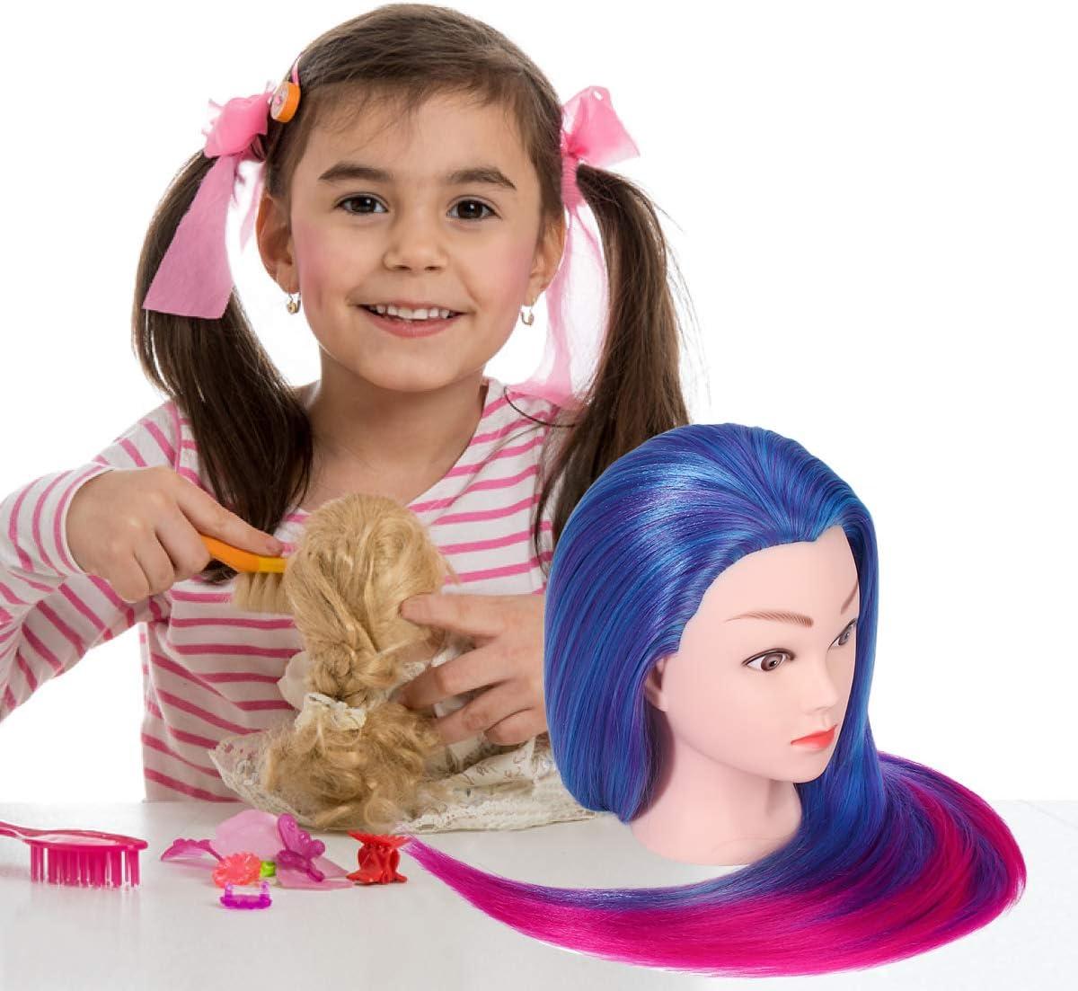 imageTwoWin Tte dentranement la Coiffure 61 cm 80 Cheveux Naturels Tte de Mannequin Cosmtologie avec Support de Serrage et Accessoires Blond Convient pour Lisser Boucler PermanenteBleu Violet