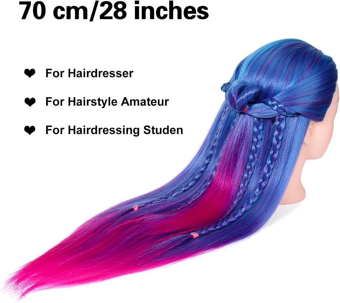 imageTwoWin Tte dentranement la Coiffure 61 cm 80 Cheveux Naturels Tte de Mannequin Cosmtologie avec Support de Serrage et Accessoires Blond Convient pour Lisser Boucler PermanenteBleu Violet