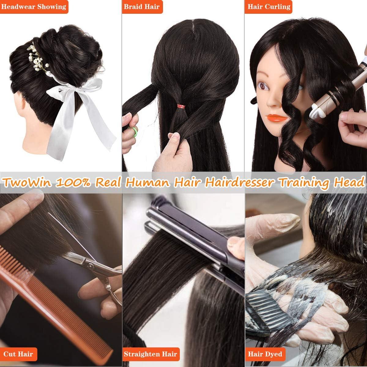 imageTwoWin Tte dentranement la Coiffure 61 cm 80 Cheveux Naturels Tte de Mannequin Cosmtologie avec Support de Serrage et Accessoires Blond Convient pour Lisser Boucler PermanenteNoir100 Cheveux Humains