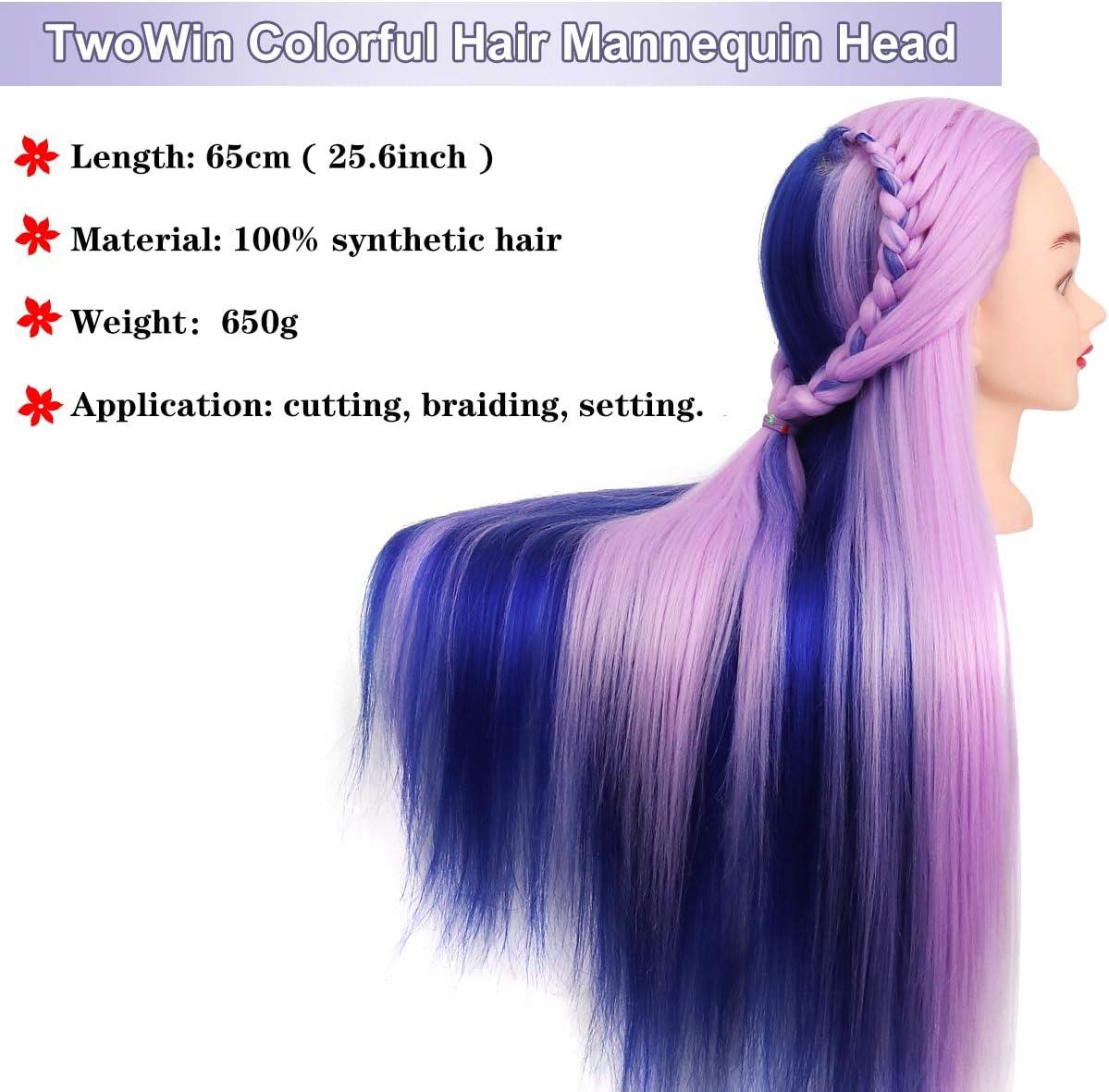 imageTwoWin Tte dentranement la Coiffure 61 cm 80 Cheveux Naturels Tte de Mannequin Cosmtologie avec Support de Serrage et Accessoires Blond Convient pour Lisser Boucler PermanenteViolet Clair Bleu Marine