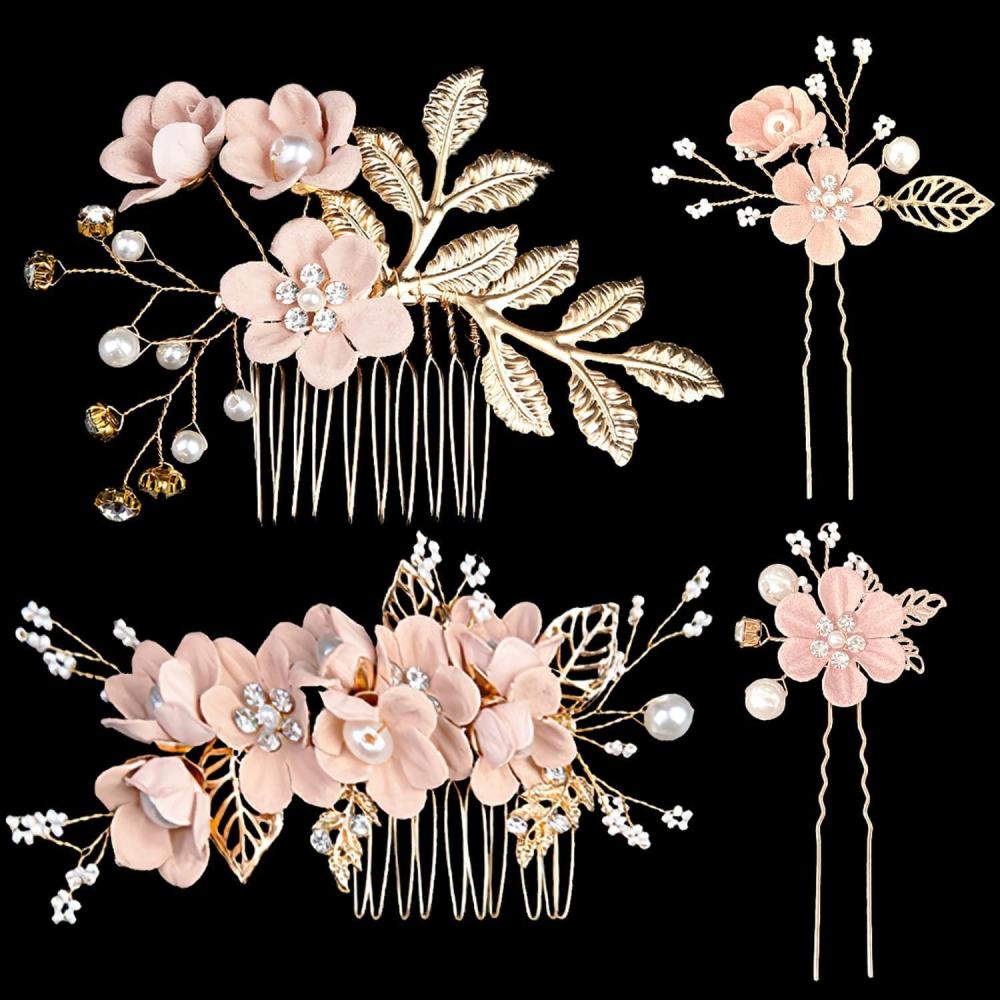 imageAccessoires pour cheveux de demoiselle dhonneur peignes latraux pour cheveux de mariage pingles cheveux en forme de fleurs pour les femmes et les filles 4 picesrose