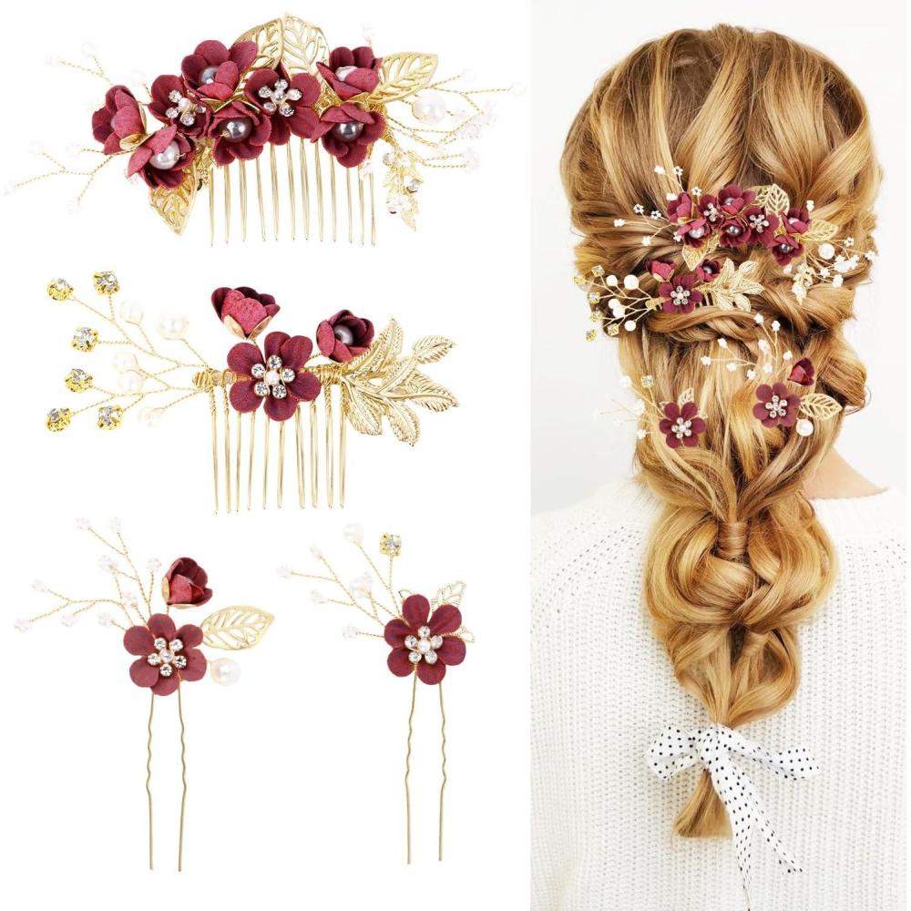 imageAccessoires pour cheveux de demoiselle dhonneur peignes latraux pour cheveux de mariage pingles cheveux en forme de fleurs pour les femmes et les filles 4 picesbordeaux