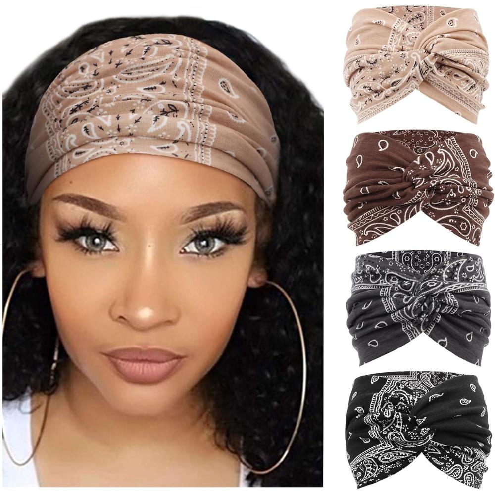 imageDRESHOW 4 Pices Bandeau Cheveux Femme Boho Bandeaux Vintage Fleur Imprim Hair Bandeau Cross Nou lastique Bande de Cheveux Accessoire4 Pack Cashew Nut Setc09