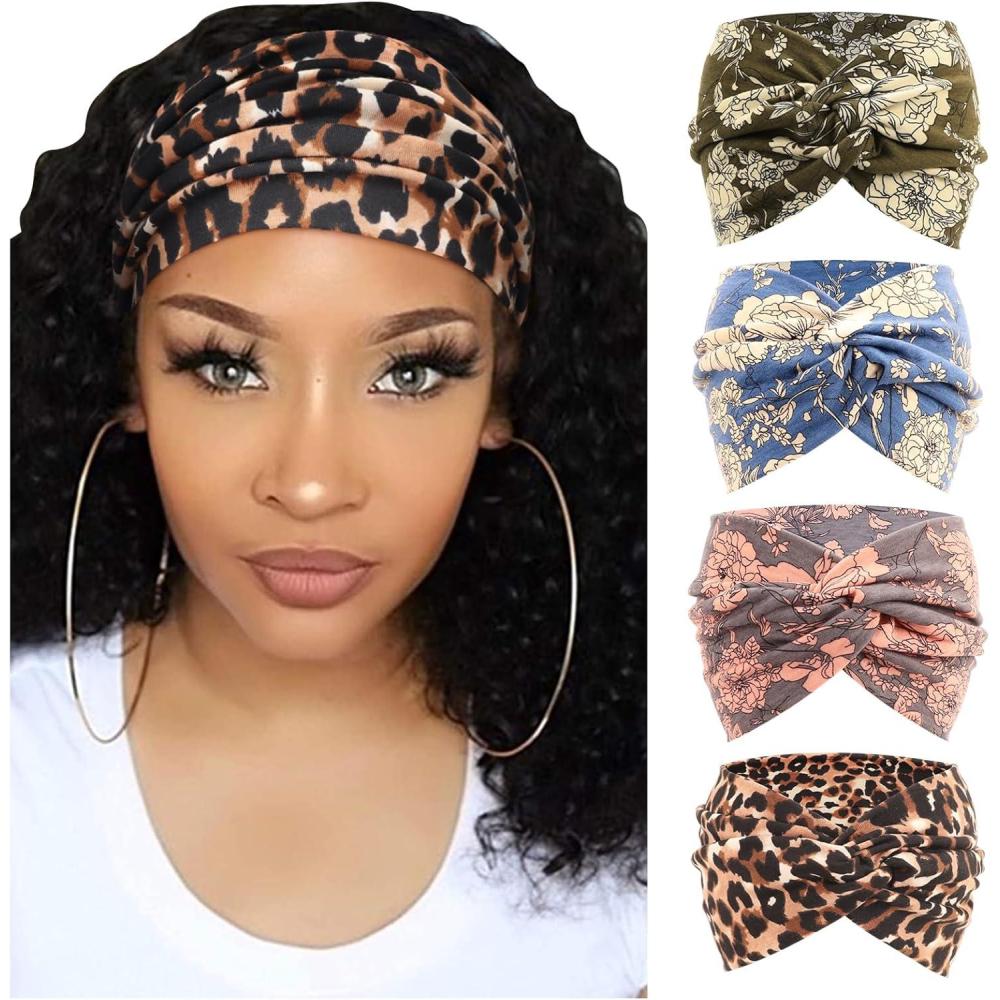 imageDRESHOW 4 Pices Bandeau Cheveux Femme Boho Bandeaux Vintage Fleur Imprim Hair Bandeau Cross Nou lastique Bande de Cheveux Accessoire4 Pack Mix SetC16