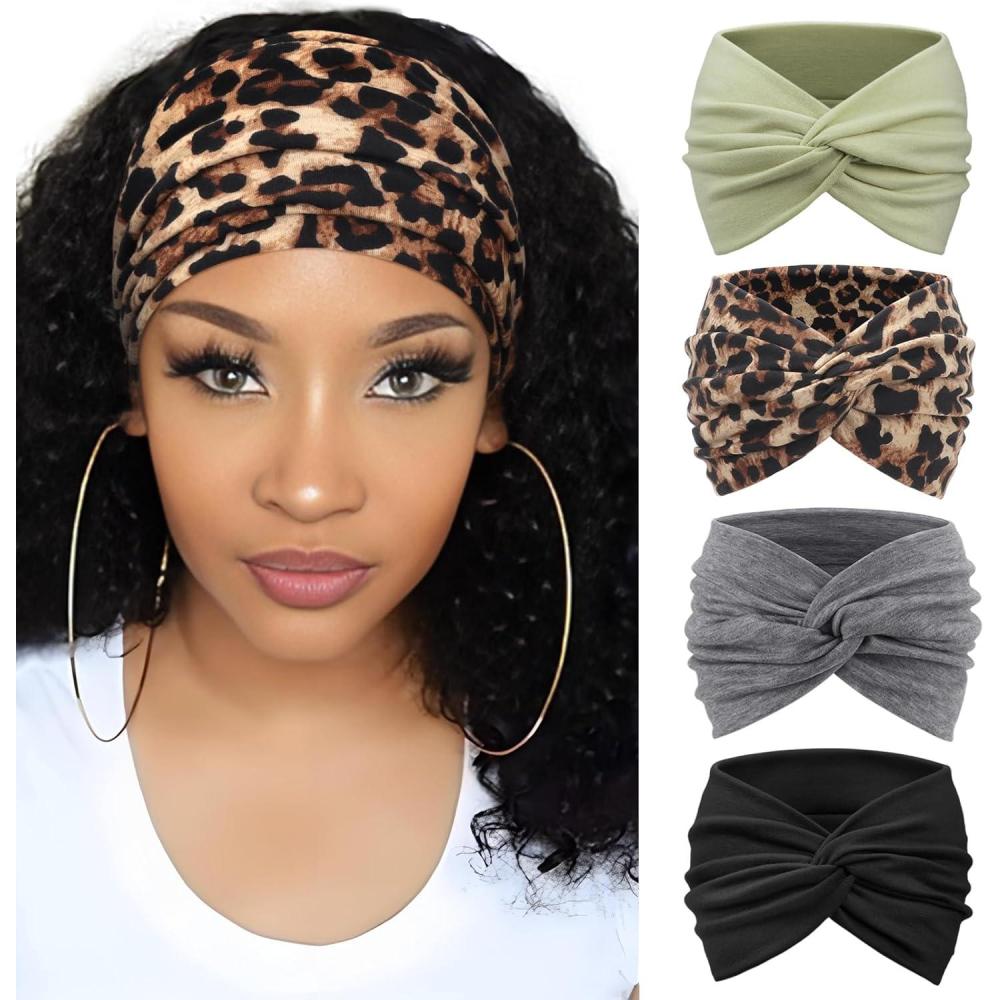 imageDRESHOW 4 Pices Bandeau Cheveux Femme Boho Bandeaux Vintage Fleur Imprim Hair Bandeau Cross Nou lastique Bande de Cheveux Accessoire4 Pack Mix SetC26