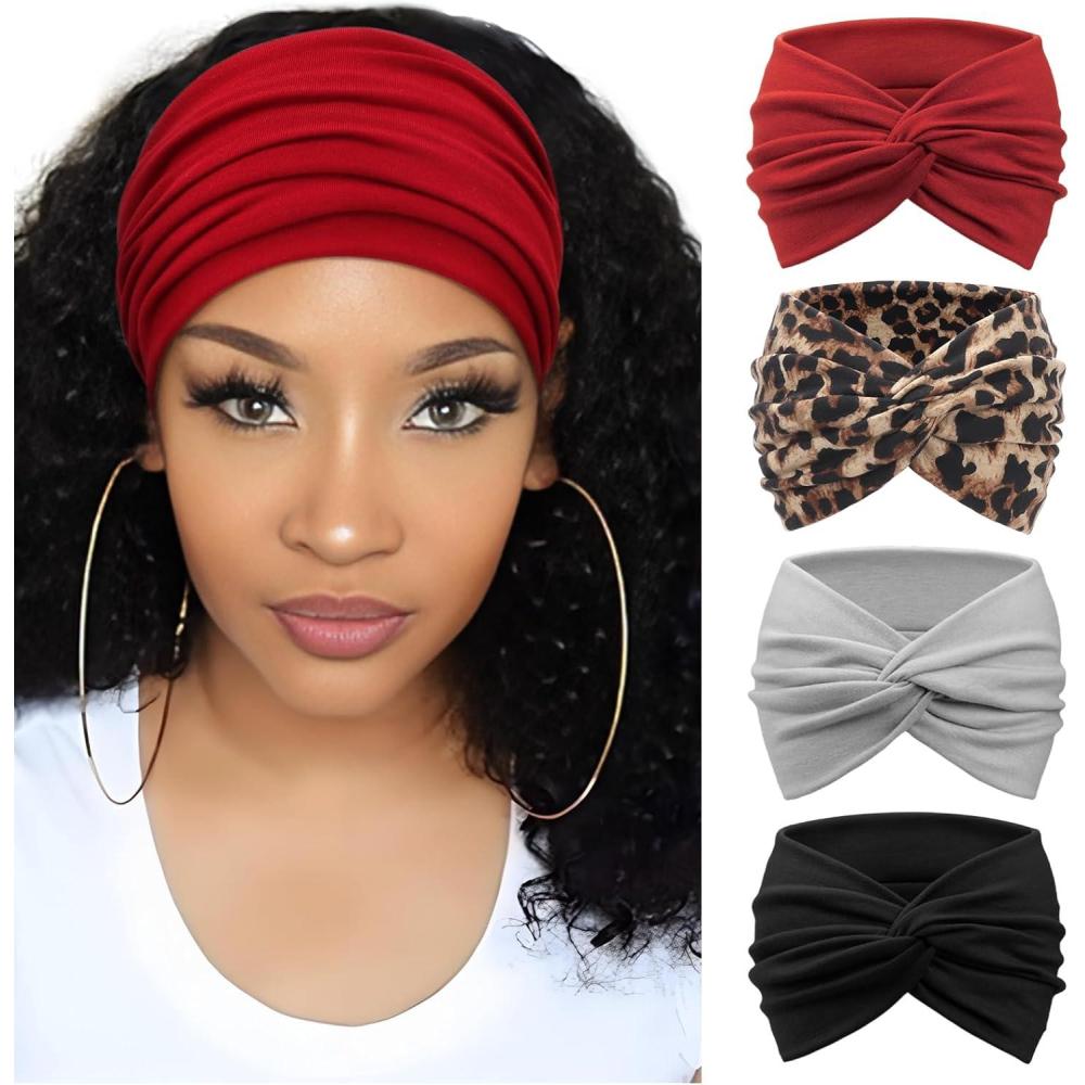 imageDRESHOW 4 Pices Bandeau Cheveux Femme Boho Bandeaux Vintage Fleur Imprim Hair Bandeau Cross Nou lastique Bande de Cheveux Accessoire4 Pack Mix SetC27