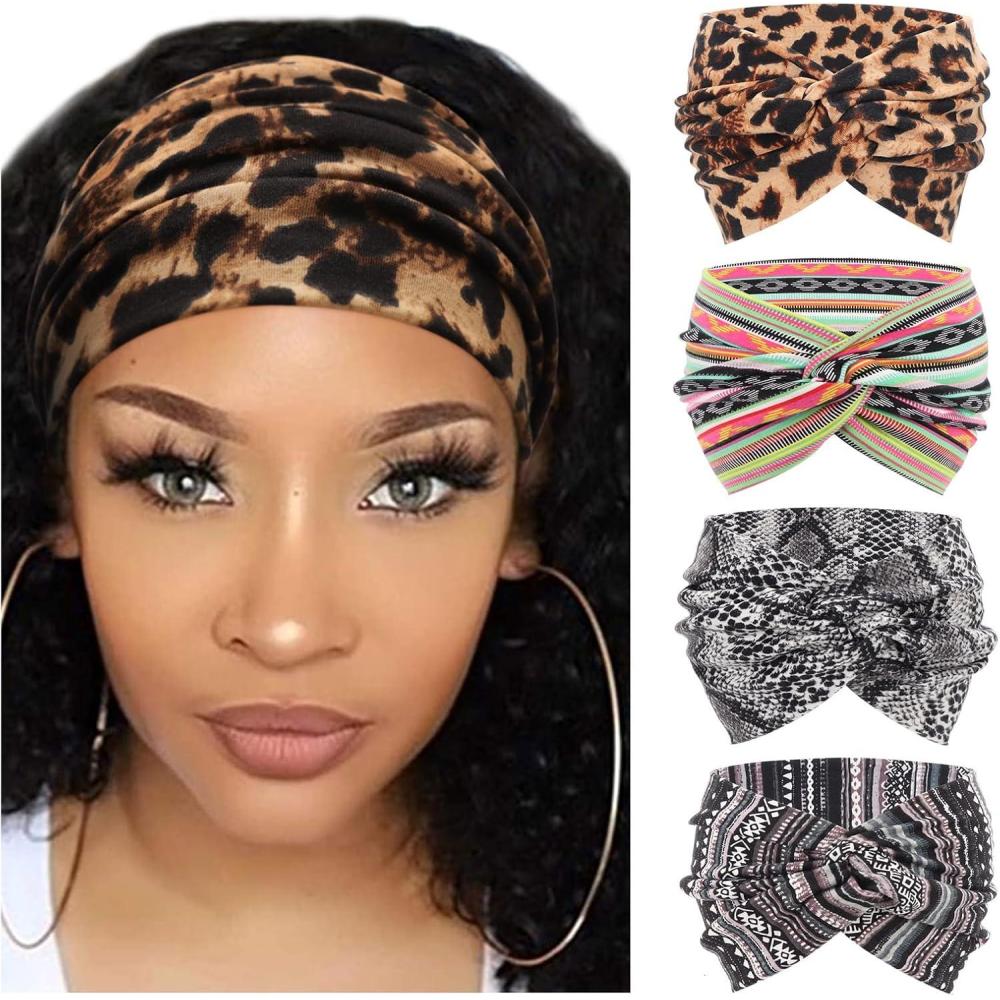 imageDRESHOW 4 Pices Bandeau Cheveux Femme Boho Bandeaux Vintage Fleur Imprim Hair Bandeau Cross Nou lastique Bande de Cheveux Accessoire4 Pack Mix Setc11