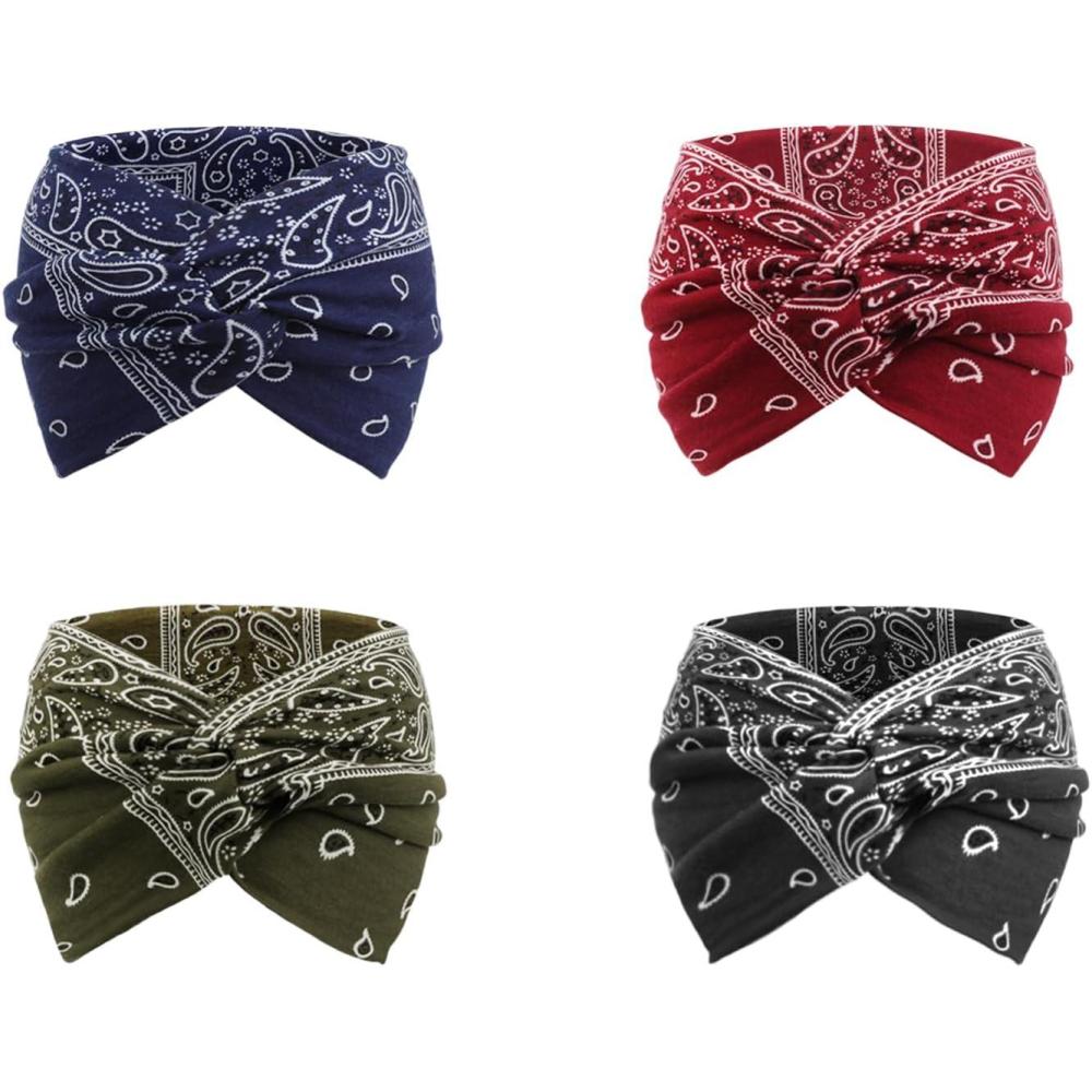 imageDRESHOW 4 Pices Bandeau Cheveux Femme Boho Bandeaux Vintage Fleur Imprim Hair Bandeau Cross Nou lastique Bande de Cheveux Accessoire4 Pack Mix Setc19