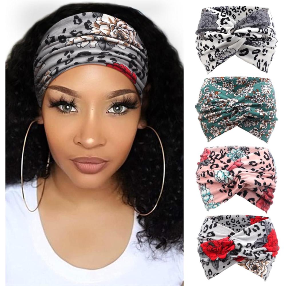 imageDRESHOW 4 Pices Bandeau Cheveux Femme Boho Bandeaux Vintage Fleur Imprim Hair Bandeau Cross Nou lastique Bande de Cheveux Accessoire4 Pack Mix Setc20