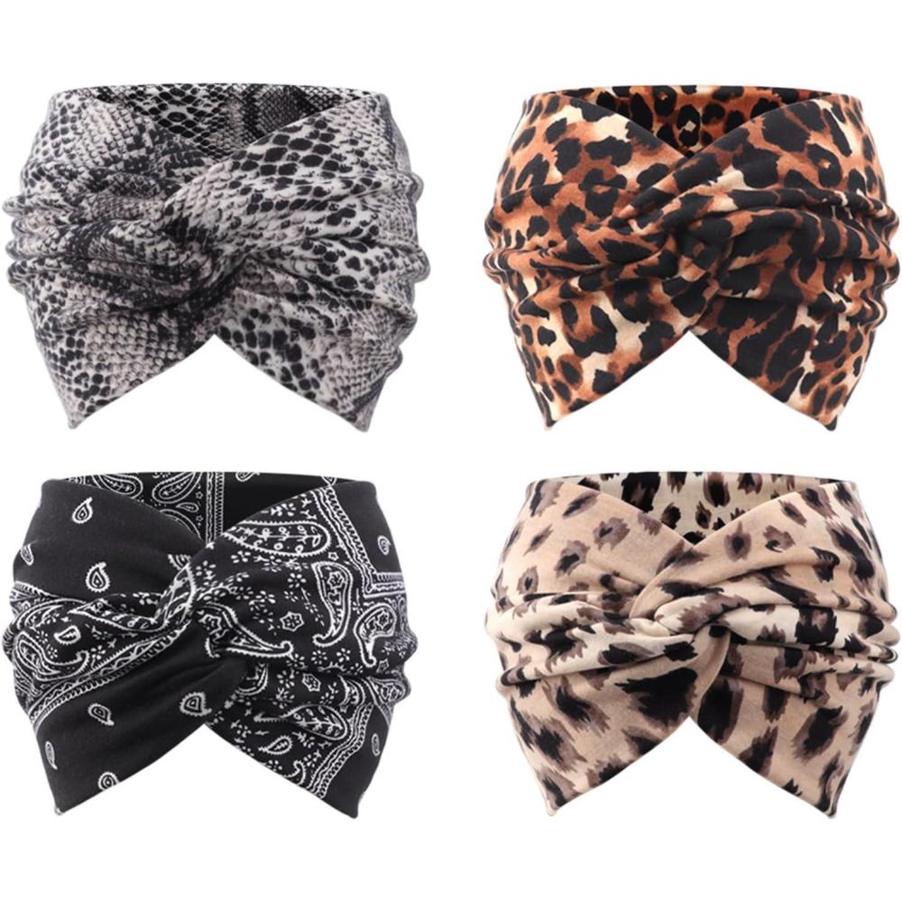 imageDRESHOW 4 Pices Bandeau Cheveux Femme Boho Bandeaux Vintage Fleur Imprim Hair Bandeau Cross Nou lastique Bande de Cheveux Accessoire4 Pack Mix Setc21