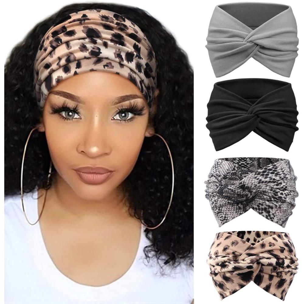 imageDRESHOW 4 Pices Bandeau Cheveux Femme Boho Bandeaux Vintage Fleur Imprim Hair Bandeau Cross Nou lastique Bande de Cheveux Accessoire4 Pack Mix Setc22