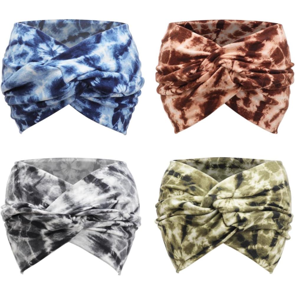 imageDRESHOW 4 Pices Bandeau Cheveux Femme Boho Bandeaux Vintage Fleur Imprim Hair Bandeau Cross Nou lastique Bande de Cheveux Accessoire4 Pack Mix Setc23