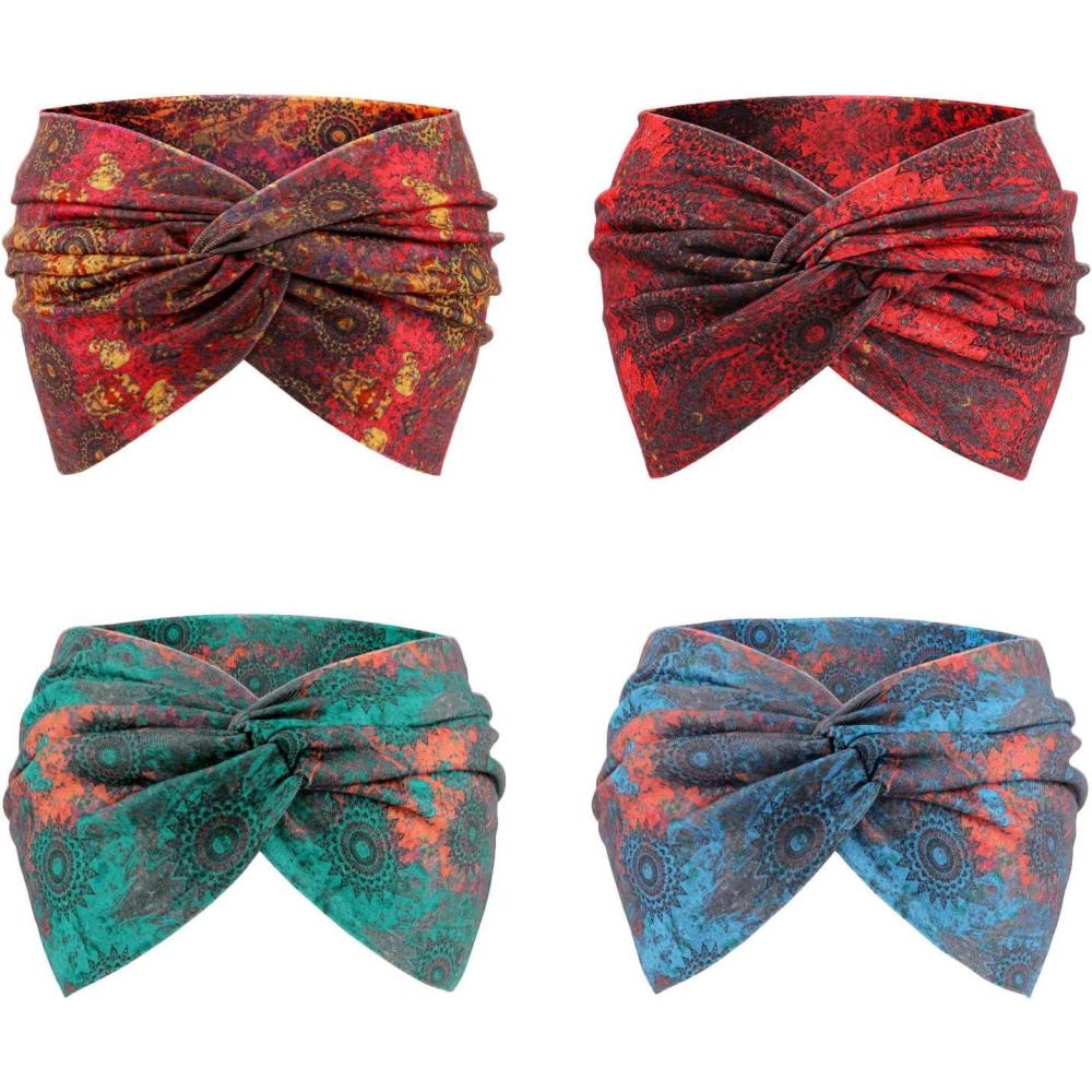 imageDRESHOW 4 Pices Bandeau Cheveux Femme Boho Bandeaux Vintage Fleur Imprim Hair Bandeau Cross Nou lastique Bande de Cheveux Accessoire4 Pack Mix Style SetC38
