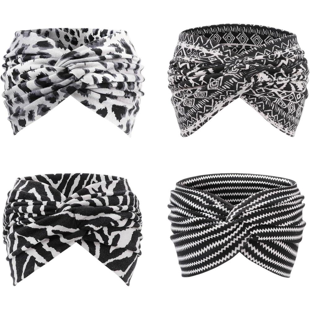 imageDRESHOW 4 Pices Bandeau Cheveux Femme Boho Bandeaux Vintage Fleur Imprim Hair Bandeau Cross Nou lastique Bande de Cheveux Accessoire4 Pack Mix Style SetC36