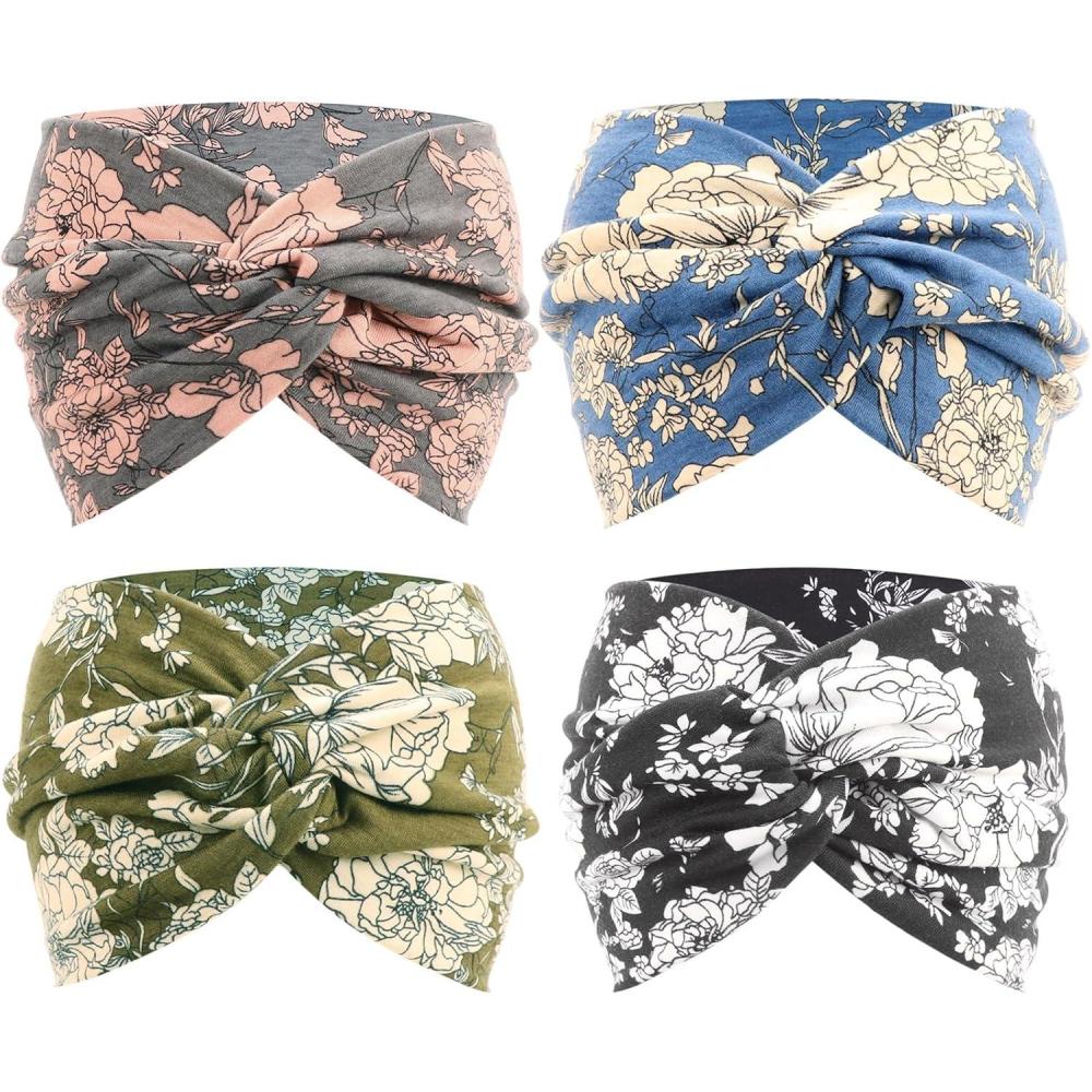 imageDRESHOW 4 Pices Bandeau Cheveux Femme Boho Bandeaux Vintage Fleur Imprim Hair Bandeau Cross Nou lastique Bande de Cheveux Accessoire4 Pack Mix Style Setc30