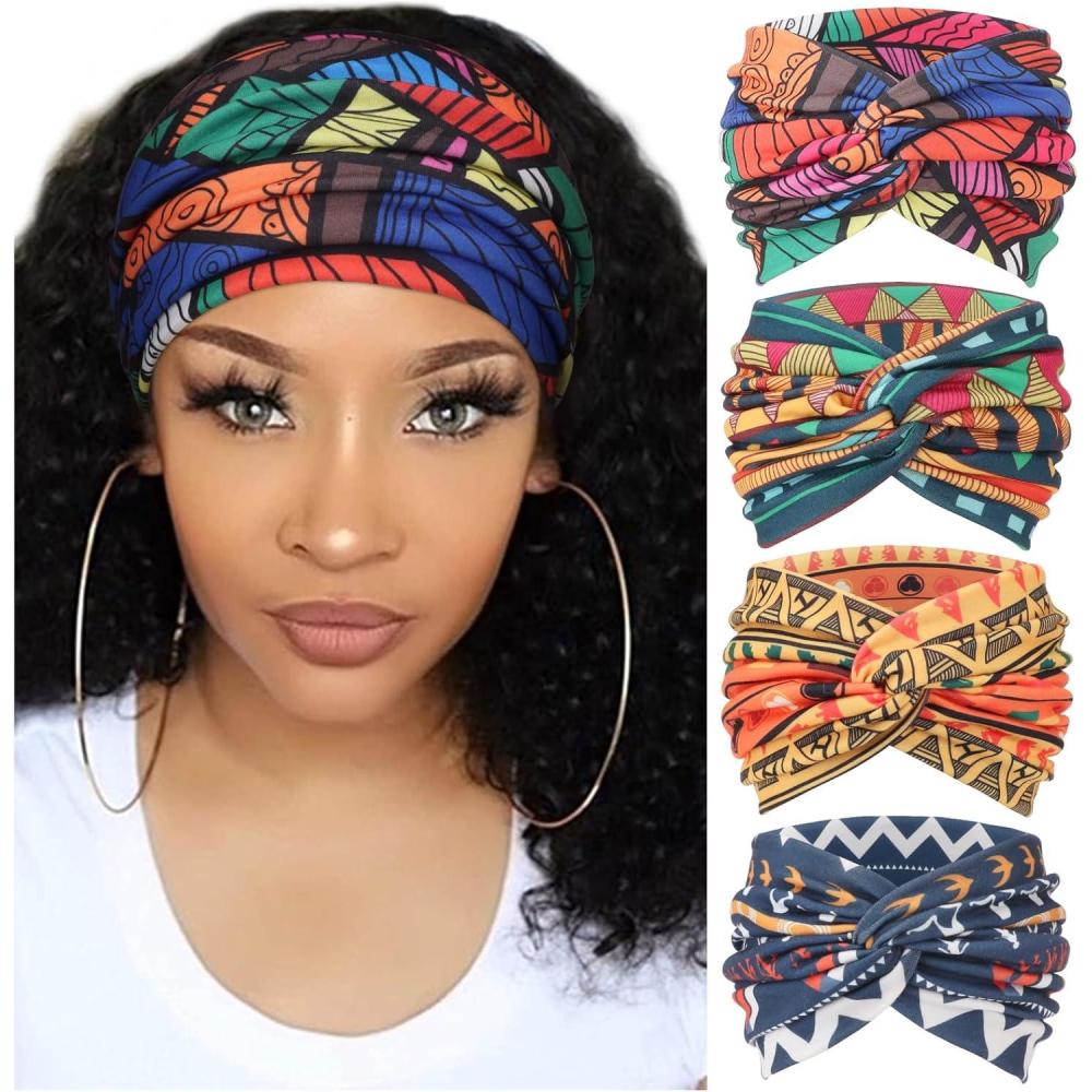 imageDRESHOW 4 Pices Bandeau Cheveux Femme Boho Bandeaux Vintage Fleur Imprim Hair Bandeau Cross Nou lastique Bande de Cheveux Accessoire4 Pack Mix Style SetC32