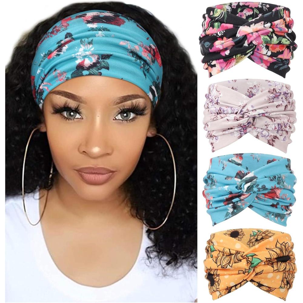 imageDRESHOW 4 Pices Bandeau Cheveux Femme Boho Bandeaux Vintage Fleur Imprim Hair Bandeau Cross Nou lastique Bande de Cheveux Accessoire4 Pack Mix Style SetC33