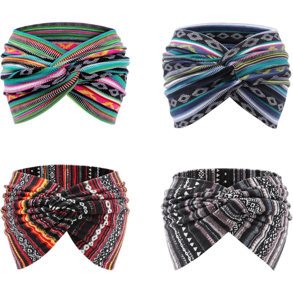 imageDRESHOW 4 Pices Bandeau Cheveux Femme Boho Bandeaux Vintage Fleur Imprim Hair Bandeau Cross Nou lastique Bande de Cheveux Accessoire4 Pack Mix Style SetC37