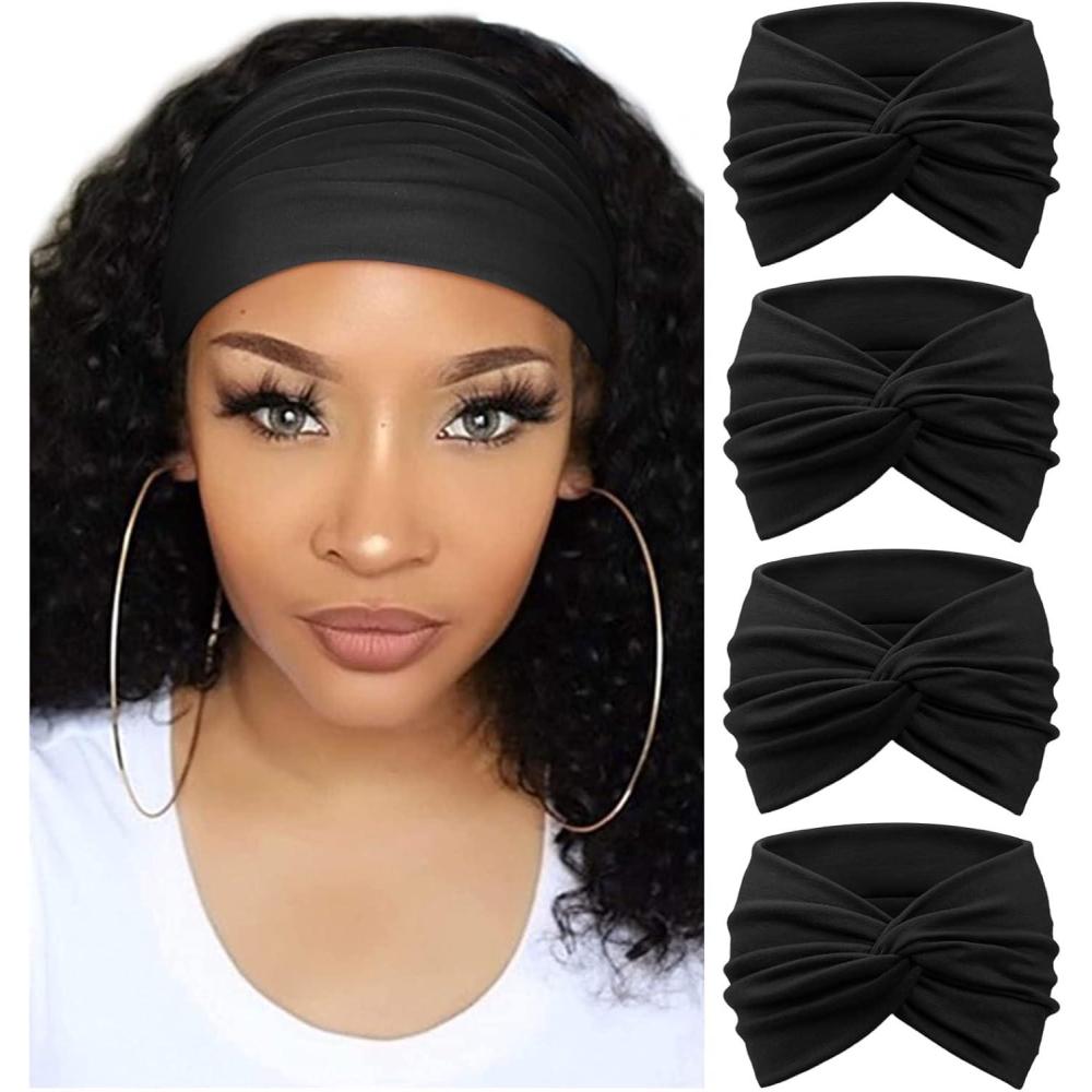 imageDRESHOW 4 Pices Bandeau Cheveux Femme Boho Bandeaux Vintage Fleur Imprim Hair Bandeau Cross Nou lastique Bande de Cheveux Accessoire4 Pcs Black Set