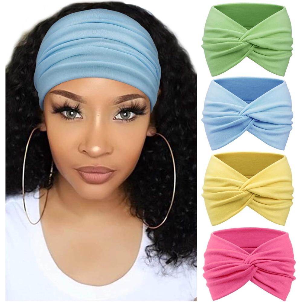 imageDRESHOW 4 Pices Bandeau Cheveux Femme Boho Bandeaux Vintage Fleur Imprim Hair Bandeau Cross Nou lastique Bande de Cheveux Accessoire4 Pcs Rosepink Light blue Yellow Green