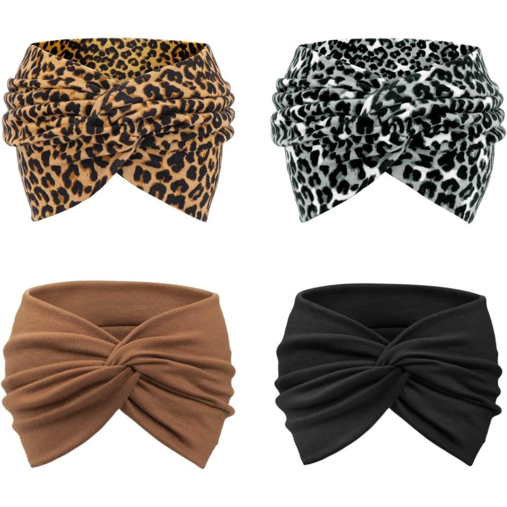 imageDRESHOW 4 Pices Bandeau Cheveux Femme Boho Bandeaux Vintage Fleur Imprim Hair Bandeau Cross Nou lastique Bande de Cheveux Accessoire4 Pcs Tan Leopard Gray Leopard Black Brown