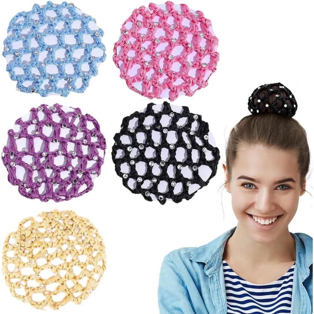 imageLot de 5 filets cheveux pour chignon accessoire de coiffure fait main crochet perles fleurs et strass lastique pour filles et femmes ballet gymnastique patinage