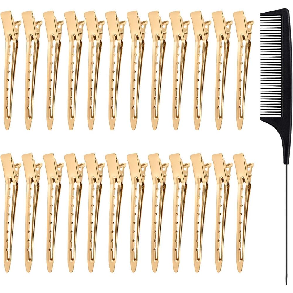 imageMELLIEX 24pcs Pince Cheveux 35 pouces Pinces Bec de Canard Clips de Coiffure en Mtal avec Peigne de StyleOr