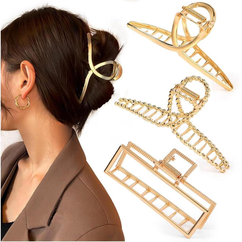 imageMehayi Lot de 3 grandes pinces cheveux antidrapantes en mtal dor tendance pour femmes et filles pour cheveux longs pais et finsType A