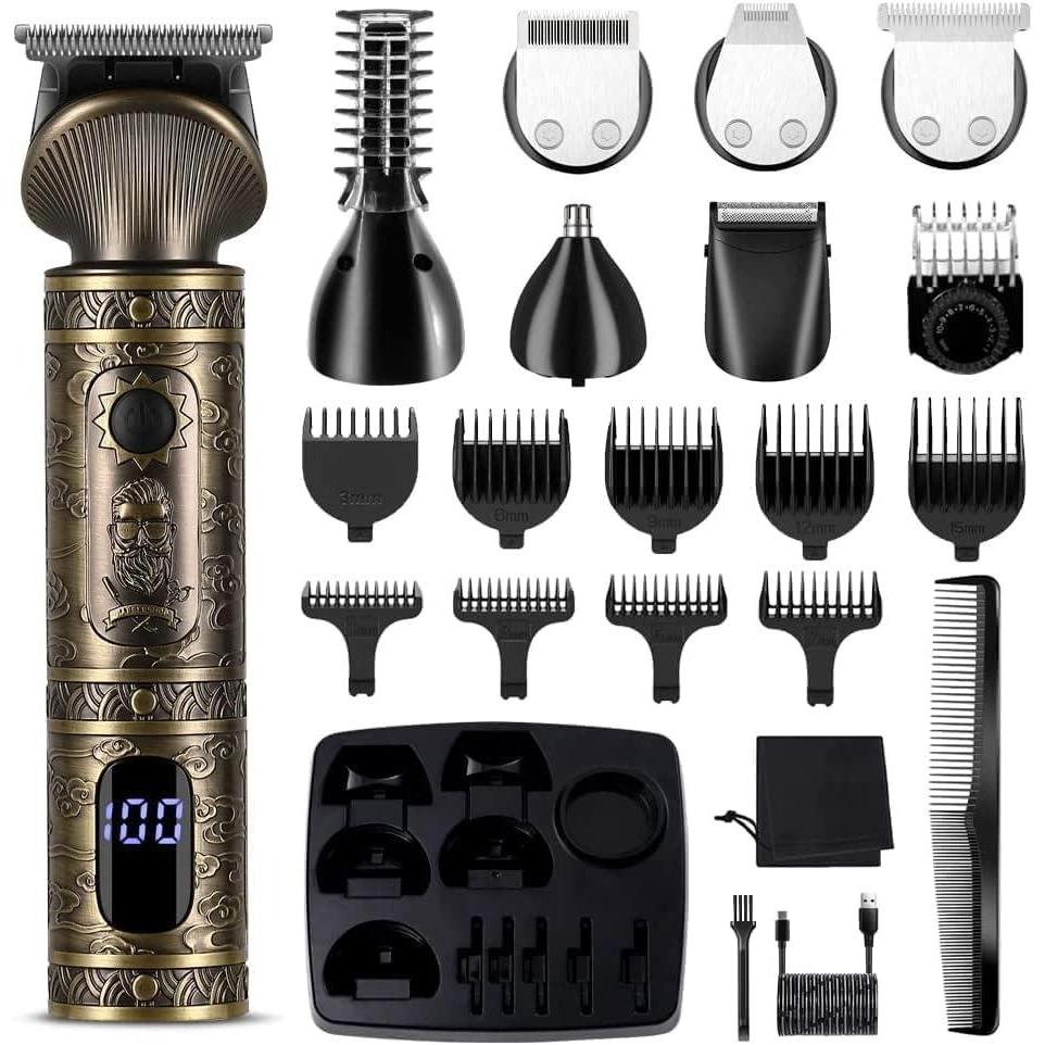 imageSurker Tondeuse Barbe Homme Tondeuse Cheveux Professionnelle Avec Lame en T de Coupe de Cheveux Chauve 0 mm Rasoir lectrique Tondeuse Corps de Prcision pour Nez 7 en 1Bronze