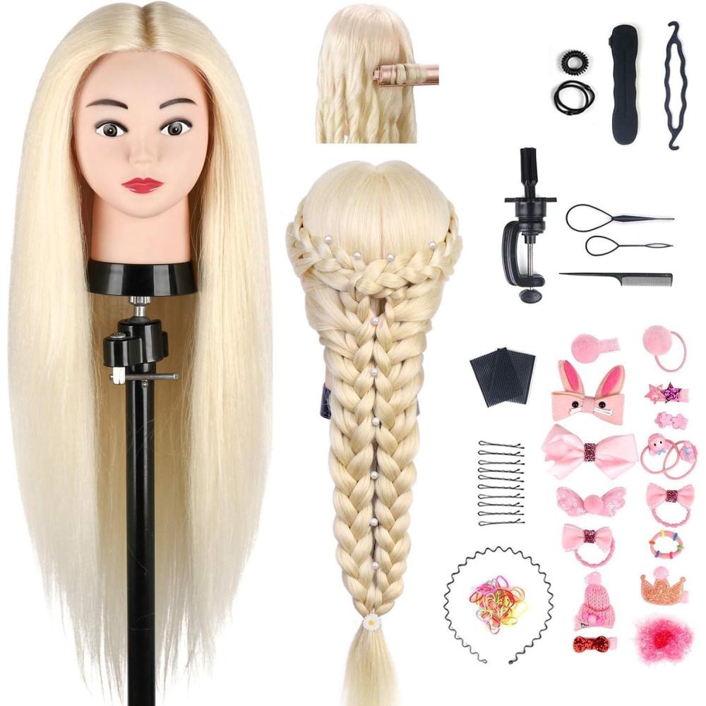 imageTwoWin Tte dentranement la Coiffure 61 cm 80 Cheveux Naturels Tte de Mannequin Cosmtologie avec Support de Serrage et Accessoires Blond Convient pour Lisser Boucler PermanenteBlond80 Cheveux Naturels