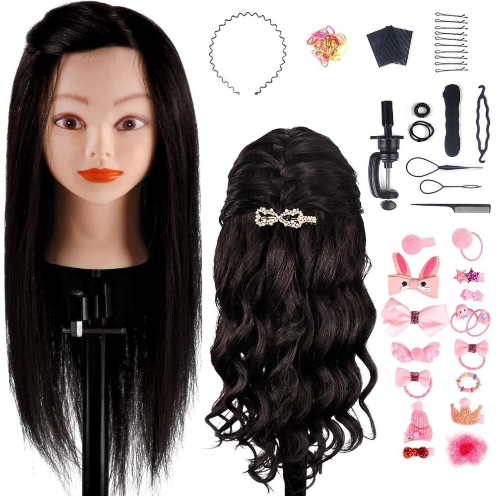 imageTwoWin Tte dentranement la Coiffure 61 cm 80 Cheveux Naturels Tte de Mannequin Cosmtologie avec Support de Serrage et Accessoires Blond Convient pour Lisser Boucler PermanenteNoir100 Cheveux Humains
