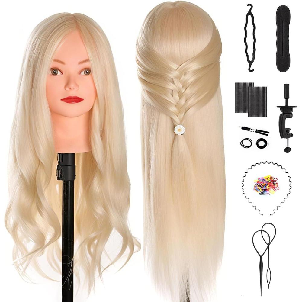 imageTwoWin Tte dentranement la Coiffure 61 cm 80 Cheveux Naturels Tte de Mannequin Cosmtologie avec Support de Serrage et Accessoires Blond Convient pour Lisser Boucler PermanenteDor Clair