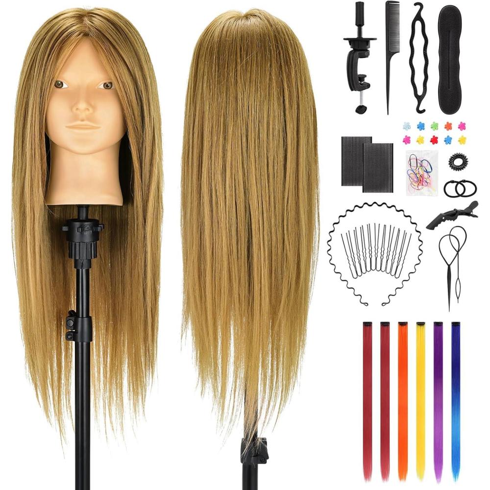 imageTwoWin Tte dentranement la Coiffure 61 cm 80 Cheveux Naturels Tte de Mannequin Cosmtologie avec Support de Serrage et Accessoires Blond Convient pour Lisser Boucler PermanenteMarron 26