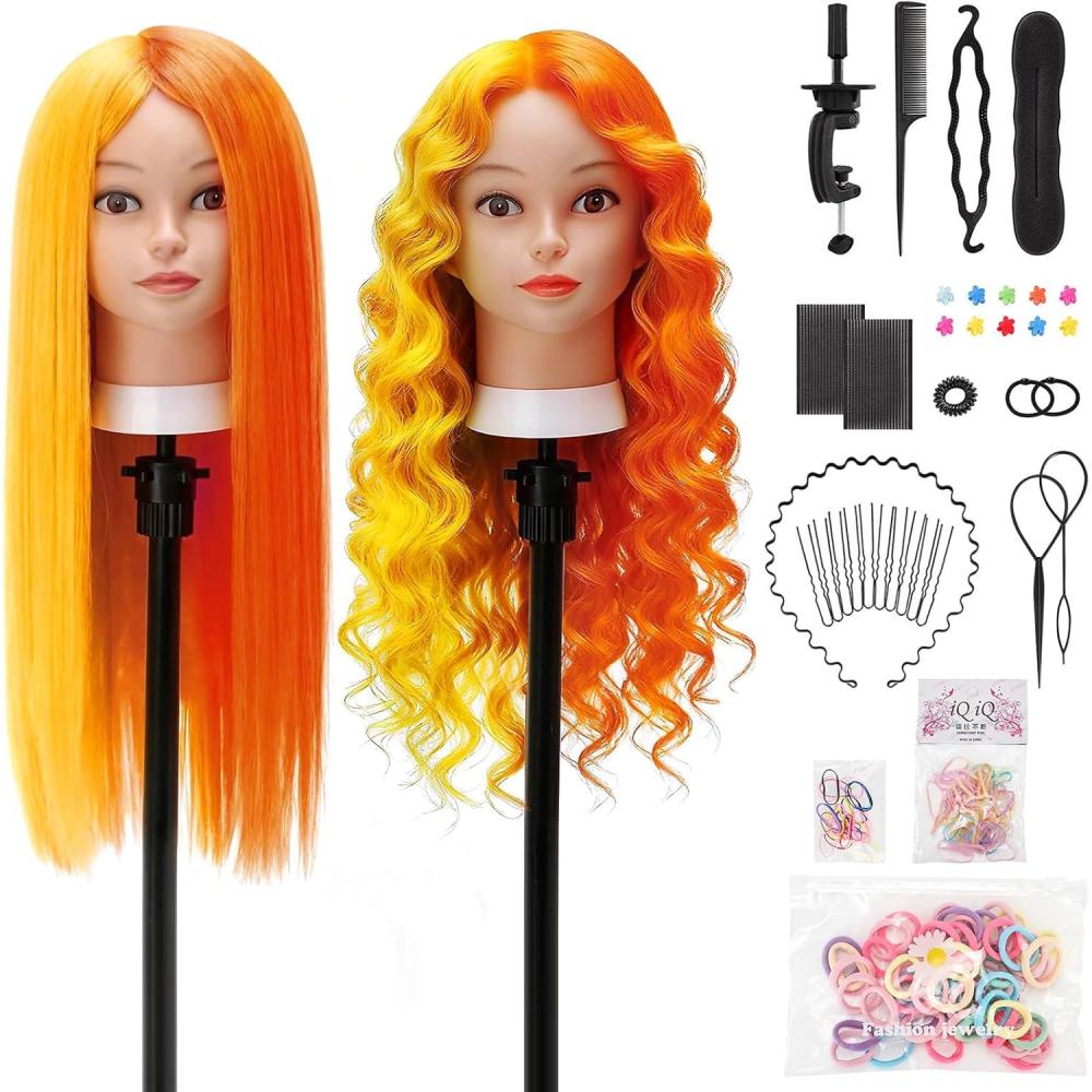 imageTwoWin Tte dentranement la Coiffure 61 cm 80 Cheveux Naturels Tte de Mannequin Cosmtologie avec Support de Serrage et Accessoires Blond Convient pour Lisser Boucler PermanenteJaune orange