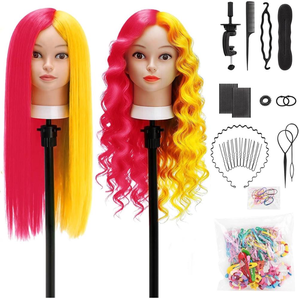 imageTwoWin Tte dentranement la Coiffure 61 cm 80 Cheveux Naturels Tte de Mannequin Cosmtologie avec Support de Serrage et Accessoires Blond Convient pour Lisser Boucler PermanenteRose rouge jaune