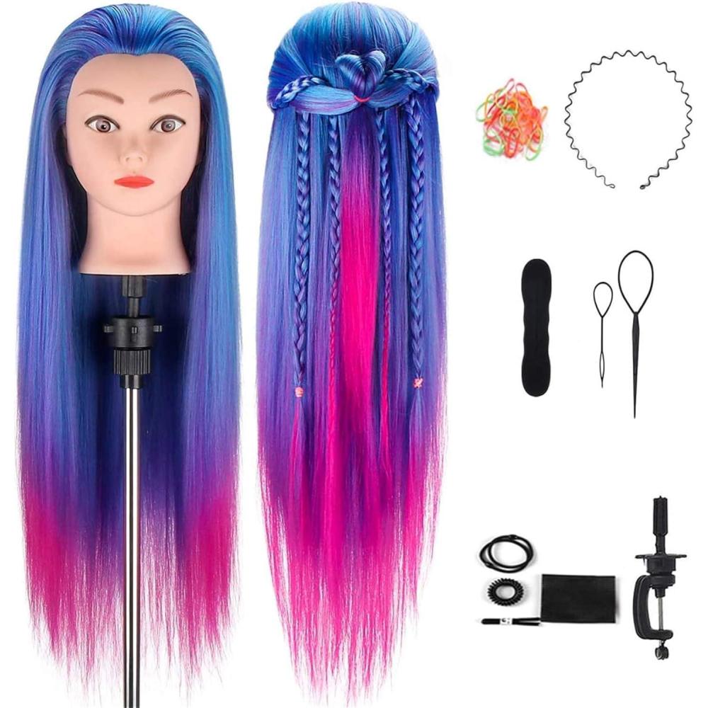 imageTwoWin Tte dentranement la Coiffure 61 cm 80 Cheveux Naturels Tte de Mannequin Cosmtologie avec Support de Serrage et Accessoires Blond Convient pour Lisser Boucler PermanenteBleu Violet