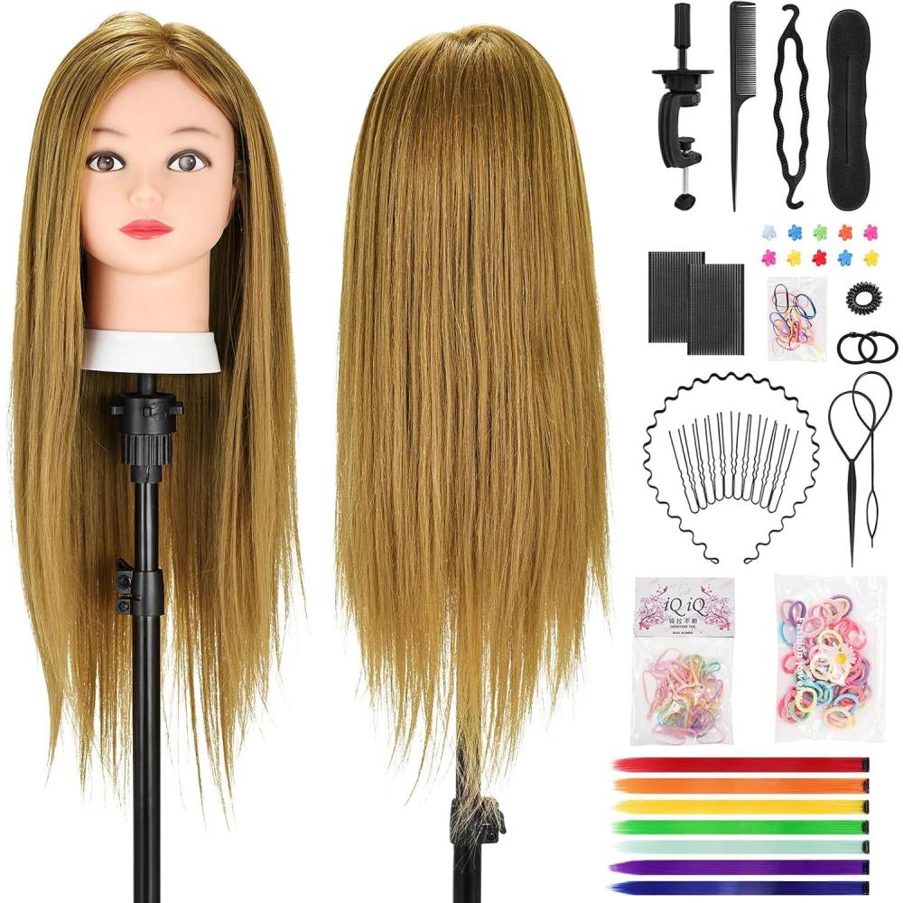 imageTwoWin Tte dentranement la Coiffure 61 cm 80 Cheveux Naturels Tte de Mannequin Cosmtologie avec Support de Serrage et Accessoires Blond Convient pour Lisser Boucler PermanenteMarron Clair