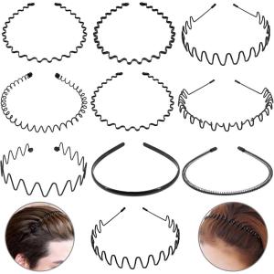 10 Pièces Bandeaux en Métal, serre tete homme et femme, Multi-Style Élastique Ondulés Spring Wave Unisexe Antidérapant Sports Cheveux Hoop Band pour l&rsquo;extérieur, sport, yoga, maquillage (Noir)