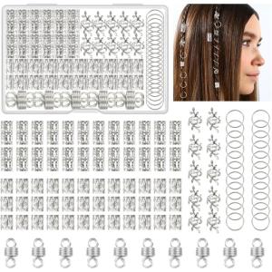 100 Pièces Bijoux Cheveux Tresse Doré, Dreadlocks Perle Cheveux Métal Réglable Vikings Spiral Coils, Bague Cheveux Anneau Cheveux pour Hommes/Femmes Cheveux Décoration und Accessoires de Coiffure(Argenté)