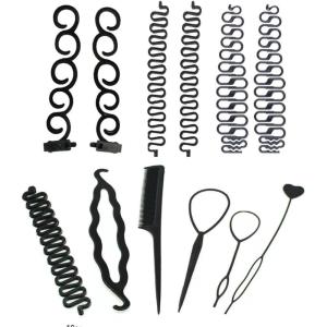 12 pcs Ensemble de coiffure, accessoires de coiffure pour femme, accessoires de coiffure, accessoires de tressage, kit d&rsquo;outils de tressage (Noir)
