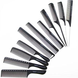 11PCS Peigne de Coiffure Professionnel – Ensemble de Peignes à Queue en Fibre de Carbone pour Salon, Coiffure, Barbe et Cheveux(Plastique  Noir)