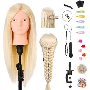 18&Prime; Tête à coiffer 100% Cheveux Naturel Vrai Cheveux Humains Mannequin Tête Formation Coiffure avec Support + Ensemble de Tresse 45cm par TopDirect(Blanc2)